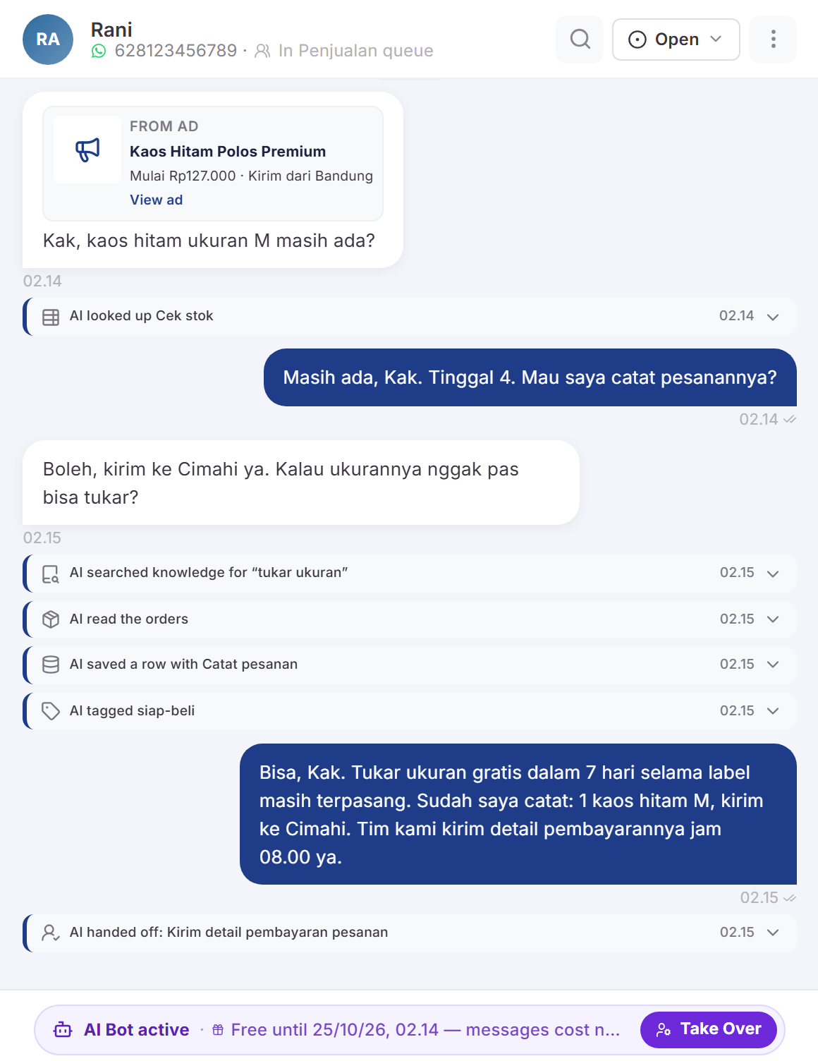 Percakapan Rani di inbox Orqestra, dengan baris aksi AI Agent di timeline